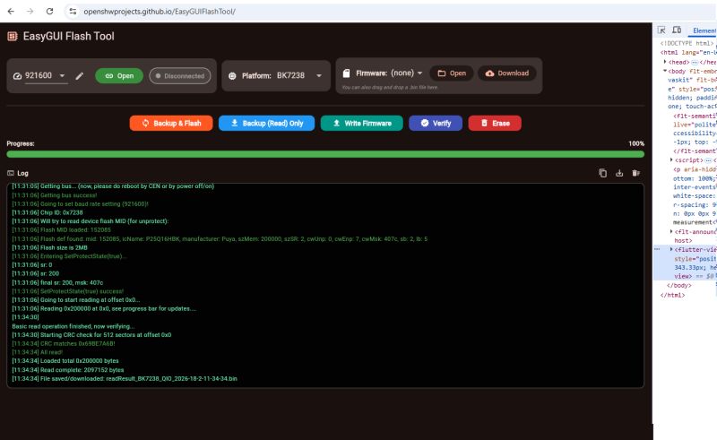 Screenshot of EasyGUI Flash Tool with 100% progress bar and a log showing firmware read operation.