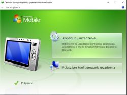 Zrzut ekranu z Centrum obsługi urządzeń z systemem Windows Mobile z opcjami Konfiguruj urządzenie i Połącz bez konfigurowania urządzenia.