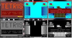 Zrzuty ekranu gry Tetris napisanej w assemblerze na komputer Cobra, pokazujące kolorowy i monochromatyczny tryb gry.
