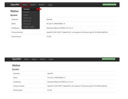 Zrzuty ekranu interfejsu OpenWRT z zaznaczonymi menu.