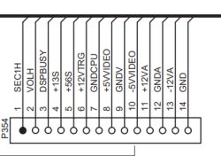 Diagram of connector P354 with 14 pins and their functions labeled.
