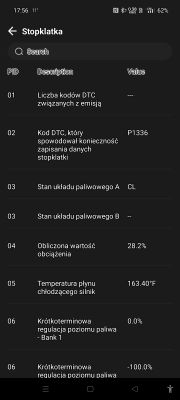 Zrzut ekranu aplikacji diagnostycznej samochodu pokazujący dane stopklatki związane z kodami DTC.