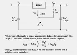 Schemat połączenia układu LM317 do regulacji napięcia.