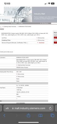 Zrzut ekranu strony internetowej z informacjami o produkcie MICROMASTER 4 Output Reactor.
