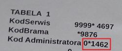 Fragment tablicy kodowej z kodami serwisowymi i administracyjnymi.