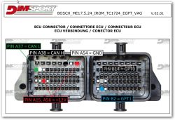 Bosch ME17.5.24 ECU connector with labeled pins for CAN, GND, +12V, and GPT.