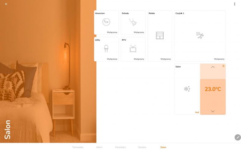 Smart home control panel with living room visualization