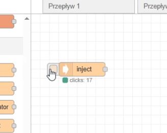 Node-RED editor with highlighted inject node Node-RED editor view with selected inject node and cursor pointing at its button.