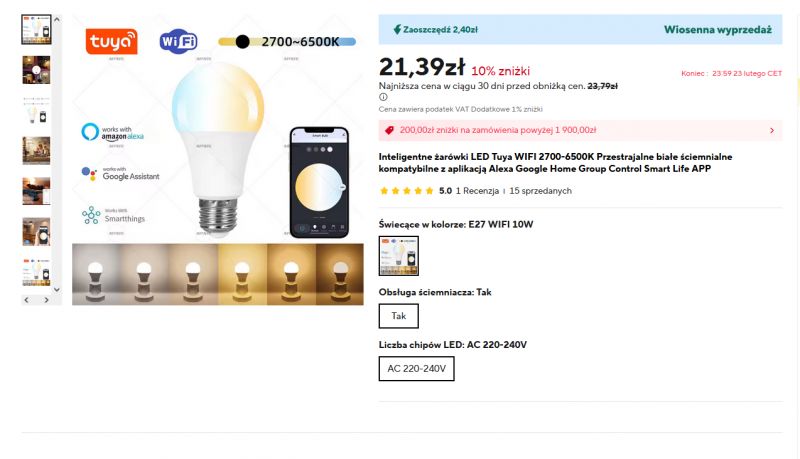 Advertisement for a smart LED Tuya bulb with Wi-Fi and voice assistant support.