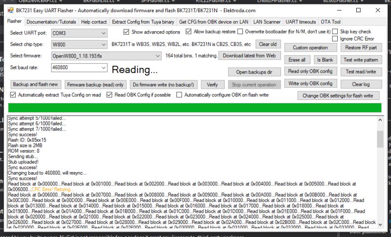 BK7231 Easy UART Flasher interface reading firmware from device via COM3