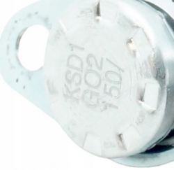 Termostat bimetaliczny KSD1 z oznaczeniem 150°C na metalowej obudowie