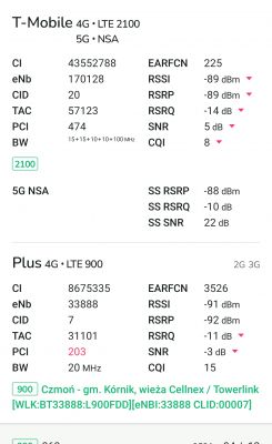 Zrzut ekranu z aplikacji do analizy parametrów sieci komórkowej dla sieci T-Mobile i Plus.