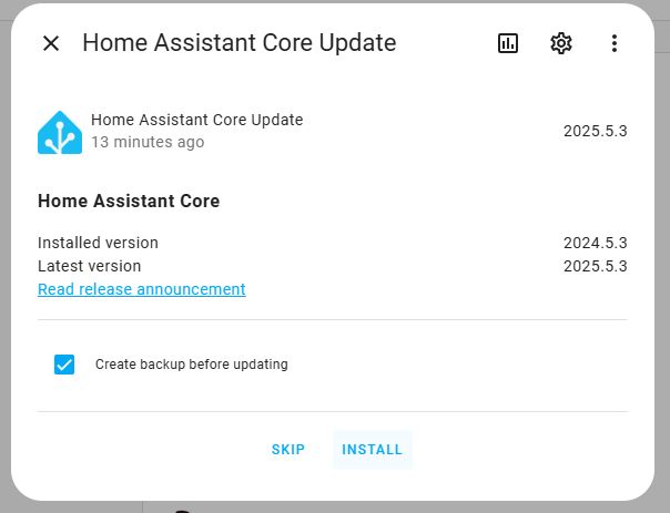 Home Assistant Core Update dialog showing new version 2025.5.3 available, with backup option before updating.