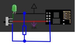 Schemat połączeń z diodą LED i przełącznikiem połączonym z modułem elektronicznym.