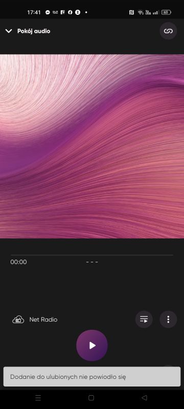 Ekran aplikacji MusicCast z widocznym błędem dodania do ulubionych.
