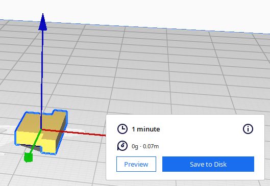 Test 3D model in Cura software with 1-minute estimated print time.