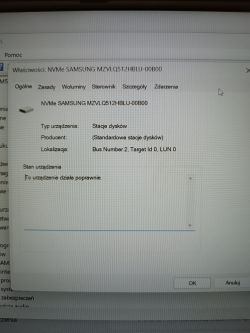 Zrzut ekranu właściwości dysku NVMe Samsung MZVLQ512HBLU-00B00.