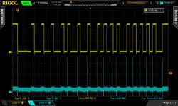 Ekran oscyloskopu pokazujący dwa przebiegi sygnałów kwadratowych.