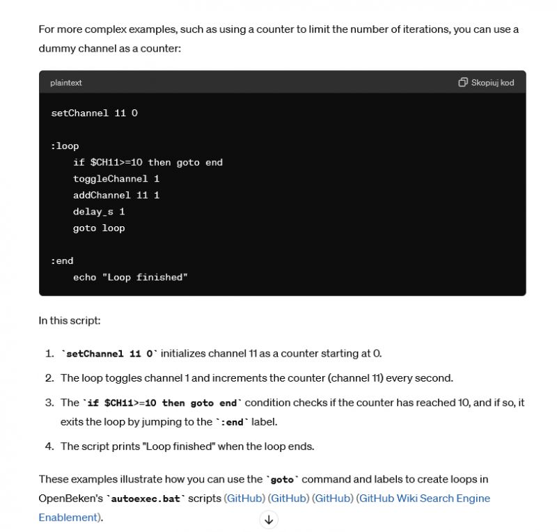 Kod skryptu demonstracyjnego z komendą 'goto' w OpenBeken