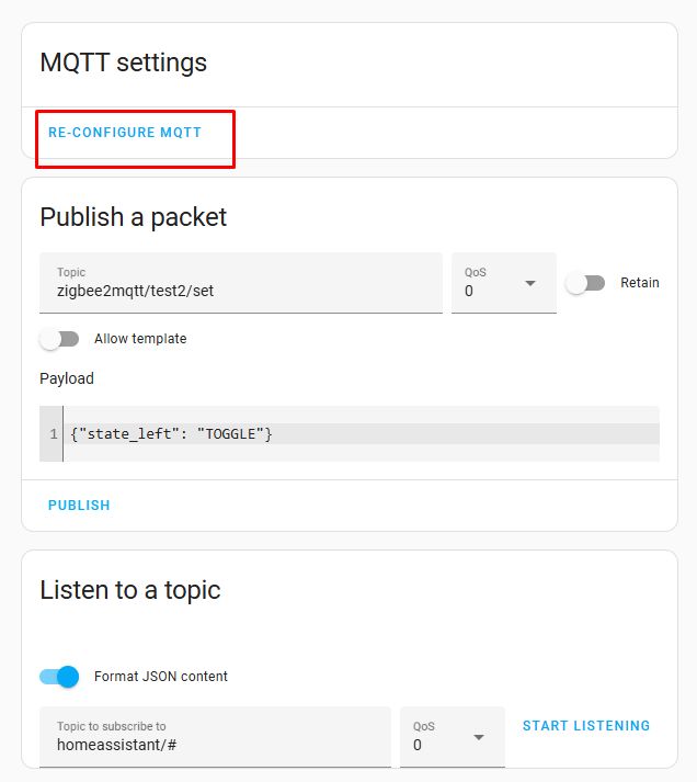 MQTT Settings in Home Assistant Screenshot of MQTT settings in Home Assistant with the Re-Configure MQTT button highlighted.
