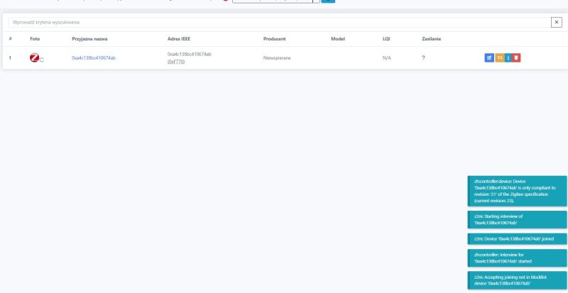 Zigbee2MQTT interface screenshot with a device list and pairing logs on the right