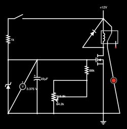 Schemat elektryczny z różnymi komponentami, w tym rezystorami, kondensatorem, przekaźnikiem i diodą.