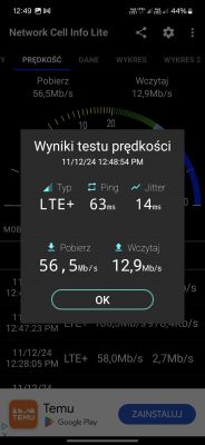 Zrzut ekranu aplikacji Network Cell Info Lite z wynikami testu prędkości internetu.