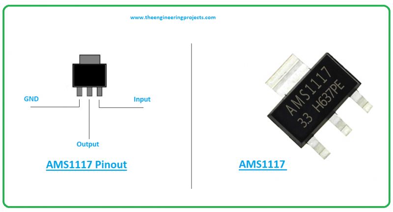 Pinout diagram and photo of AMS1117 voltage regulator.