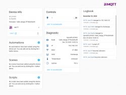 Screenshot of MQTT interface showing device info, controls, diagnostics, and logbook.