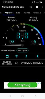 Zrzut ekranu z aplikacji Network Cell Info Lite pokazujący prędkość pobierania 219,2 Mb/s i wysyłania 20,3 Mb/s w sieci 5G.