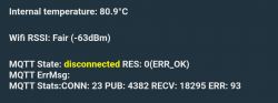 Display of device technical data, including internal temperature and MQTT status.