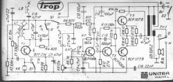 Schemat prostego obwodu CB Trop z oznaczeniami elementów elektronicznych