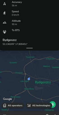 Zrzut ekranu z aplikacji pokazującej lokalizację GPS w okolicach Bydgoszczy, z dokładnością 56 m.