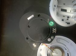 Tuya smoke sensor circuit board with visible connectors and button.