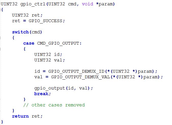 Zrzut ekranu przedstawiający kod funkcji gpio_ctrl z instrukcją switch dla CMD_GPIO_OUTPUT
