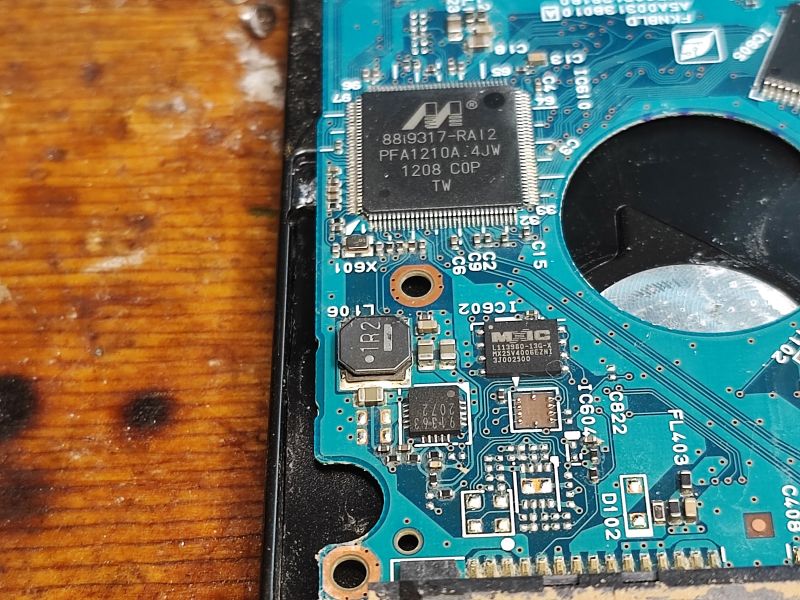 Close-up of Hard Drive Electronics Close-up of a hard drive circuit board with visible integrated circuits.