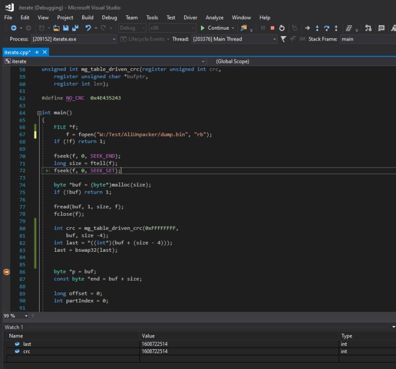 Visual Studio screenshot with C++ code and variables crc and last shown in debug view