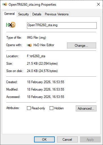 Windows file Properties window for OpenTR6260_ota.img showing type, location, size, and timestamps