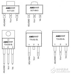 Pinout examples of AMS1117 in SOT-223, SOT-89-3, TO-220-3L, TO-252-2L, TO-263-3L packages.