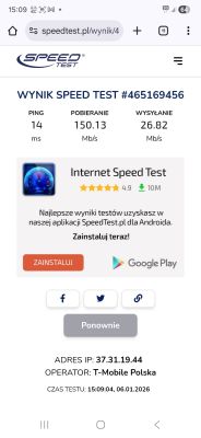 Wyniki speed testu: 150,13 Mb/s pobierania, 26,82 Mb/s wysyłania, ping 14 ms
