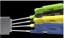 Colorful IC test leads connected to an integrated circuit.
