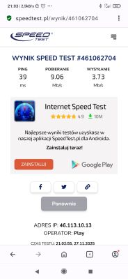Zrzut ekranu z wynikami speed testu: ping 39 ms, pobieranie 9,06 Mb/s, wysyłanie 3,73 Mb/s.