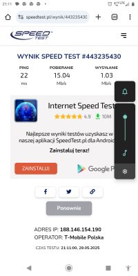Zrzut ekranu z wynikiem testu prędkości internetu dla T-Mobile Polska: pobieranie 15,04 Mb/s, wysyłanie 1,03 Mb/s, ping 22 ms.