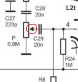 Fragment schematu elektronicznego z zaznaczoną diodą między kondensatorami i potencjometrem