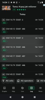 Zrzut ekranu z aplikacji testującej sygnał 4G dla kilku pasm i operatorów