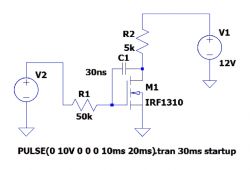 MOSFET Transistor Circuit Diagram with Miller Effect Circuit diagram with MOSFET transistor IRF1310, resistors R1 and R2, and capacitor C1.