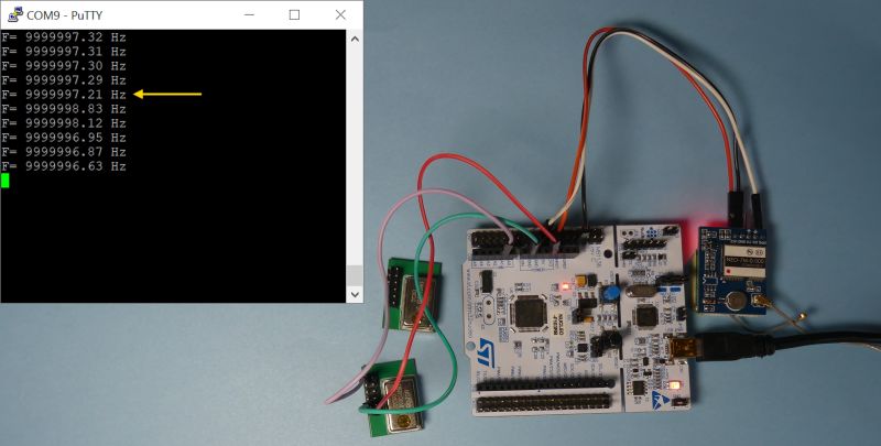Zdjęcie przedstawia płytkę rozwojową STM32 z podłączonymi modułami elektronicznymi i oknem programu PuTTY z wynikami pomiarów częstotliwości.