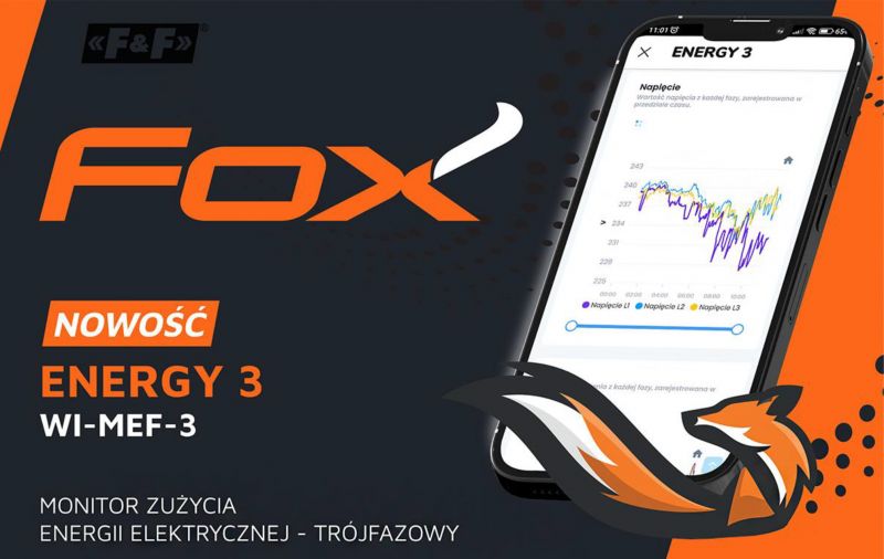 Promotional graphic of the FOX ENERGY 3 energy consumption monitor with a three-phase mobile app display.