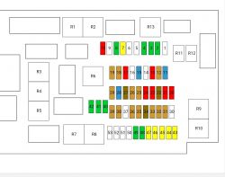 Schemat skrzynki bezpieczników z zaznaczonym bezpiecznikiem nr 46 i przekaźnikiem R5.