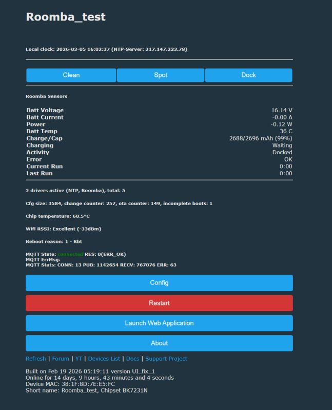 Screenshot of “Roomba_test” web UI with Clean/Spot/Dock buttons, sensor readouts, and MQTT status
